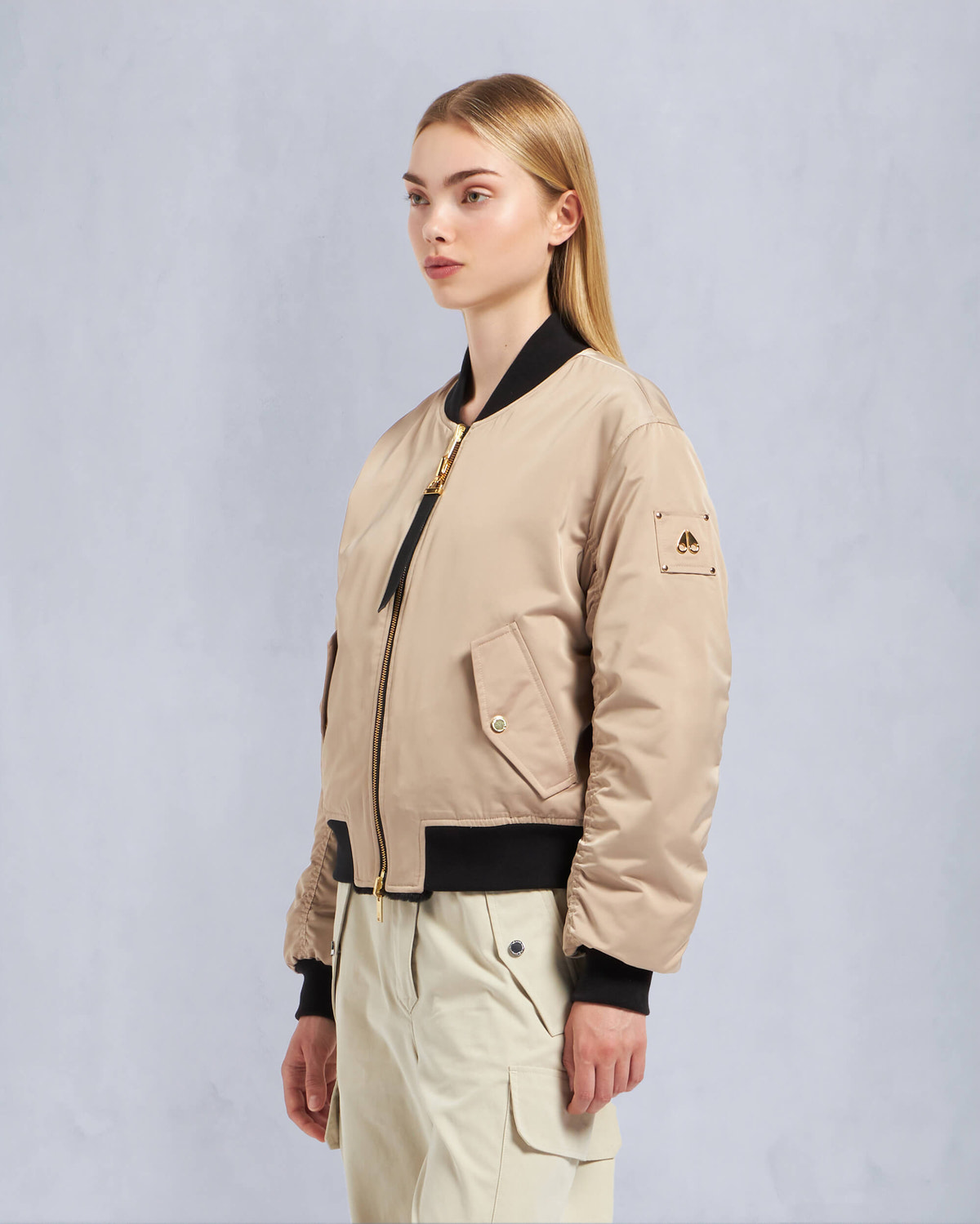 Moose Knuckles Womens Gold Series Reversible Jet Bomber Jacket Champagne M34LB022G Front