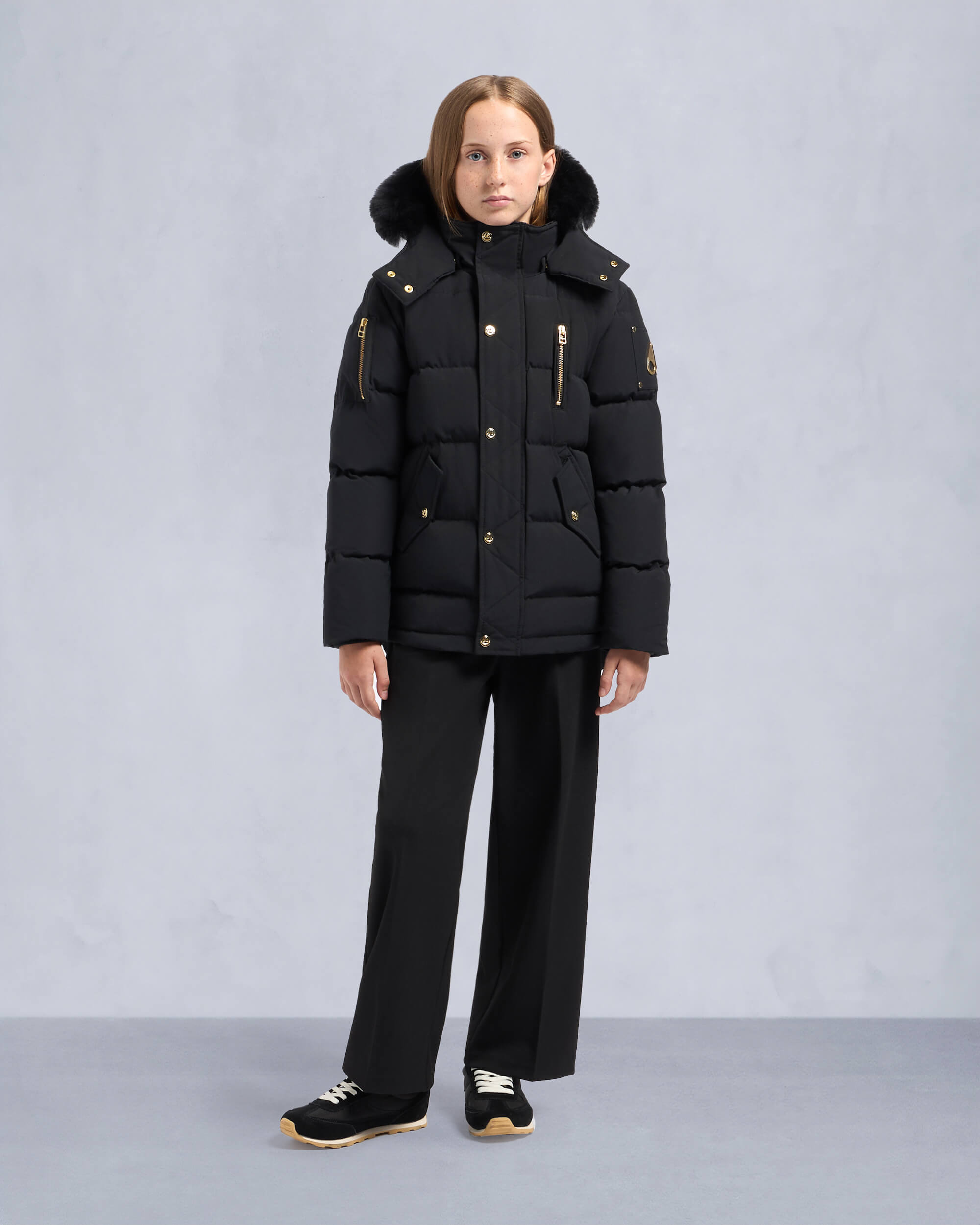 Moose Knuckles Kids Kids  Unisex Original Gold Series 3Q Jacket Black / Black Shearling M32UJ193GS Front Category