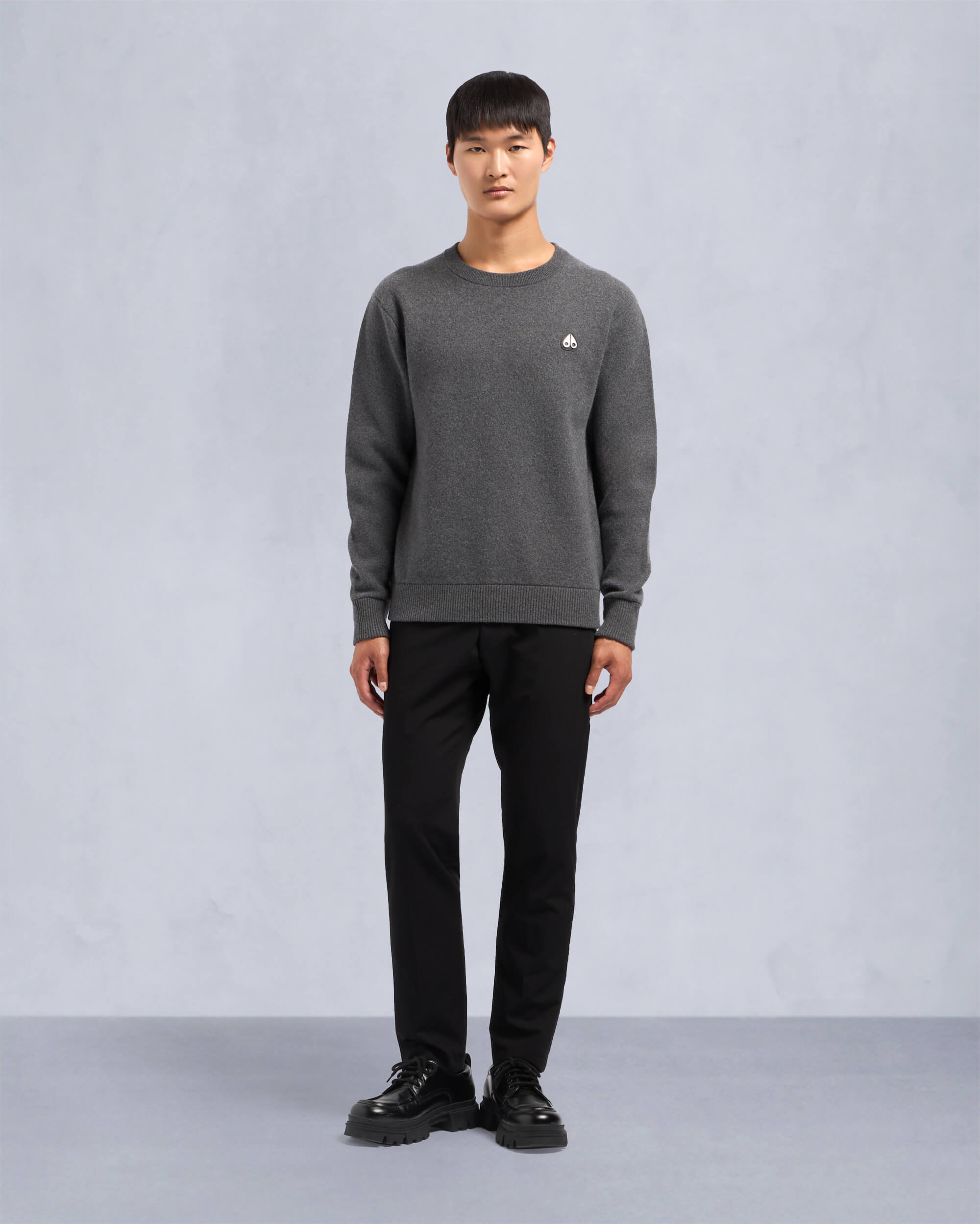 Moose Knuckles Mens Jog Falls Cashmere-Merino Sweater  Cement M34MK672 Front Category